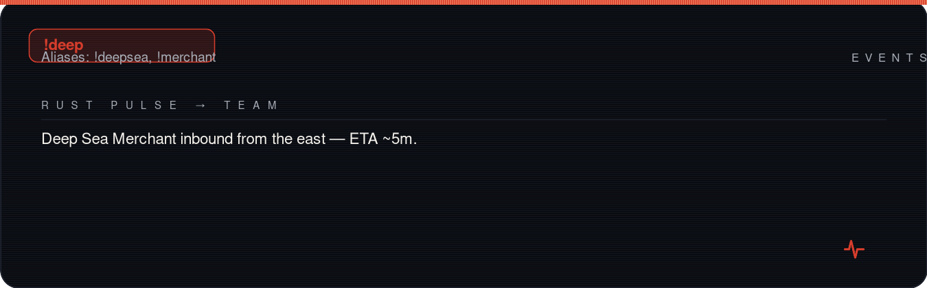 Rust team chat showing !deep reply with merchant direction