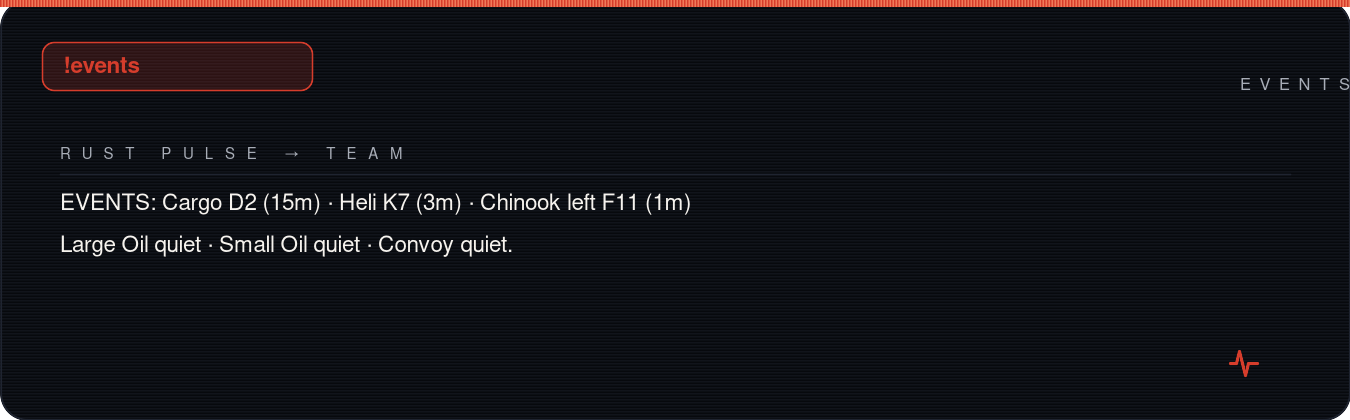 Rust team chat showing !events compact summary