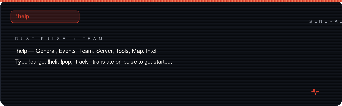 Rust team chat showing the !help reply