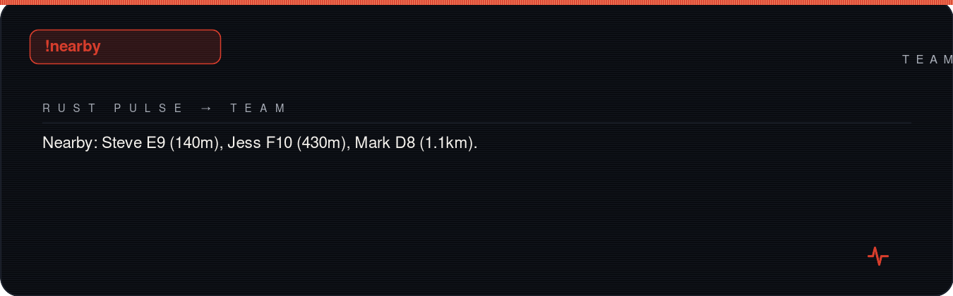 Rust team chat showing !nearby reply with distances