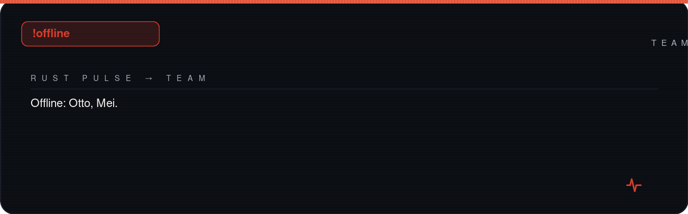 Rust team chat showing !offline reply
