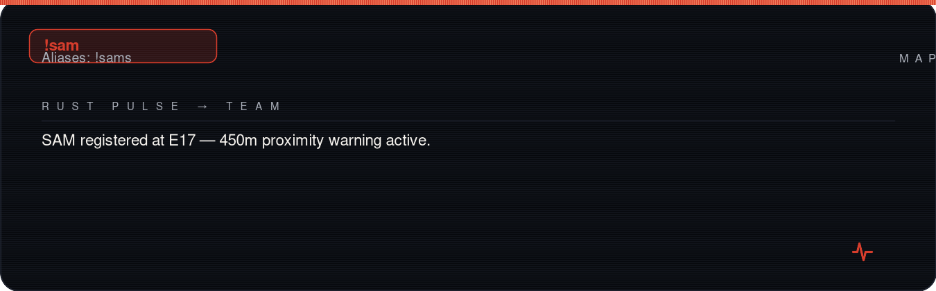 Rust team chat showing !sam E17 reply