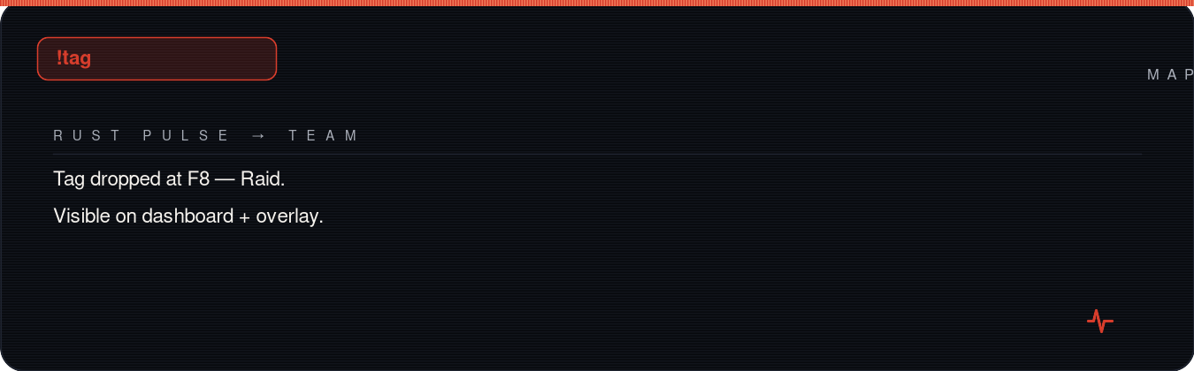 Rust team chat showing !tag and the resulting dashboard map pin