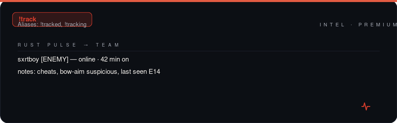 Rust team chat showing !track reply for a tracked player